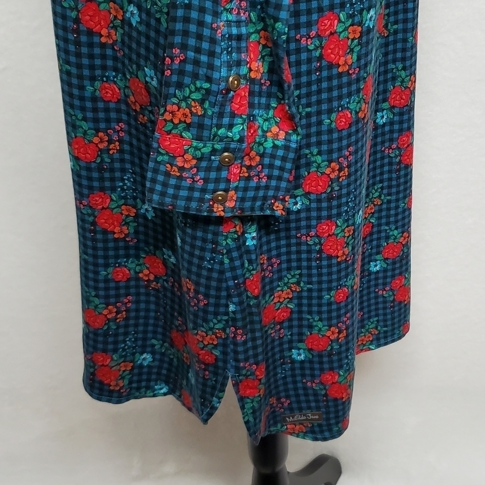 MATILDA Jane Fa La La Blue Plaid Red Rose Floral Button Up Midi Dress XS - Picture 7 of 14